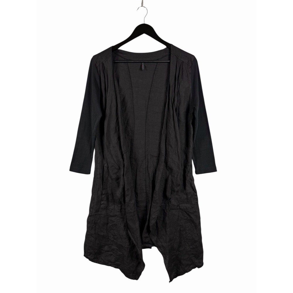 Inizio Black Linen Open Sz‎ M Lagenlook Cardigan w Pockets, Made in Italy